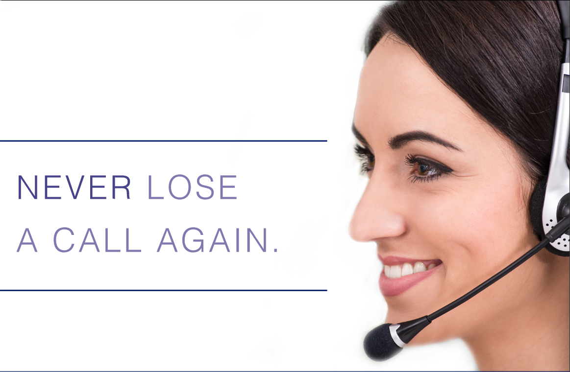Smiling receptionist with text reading: "Never lose a call again."